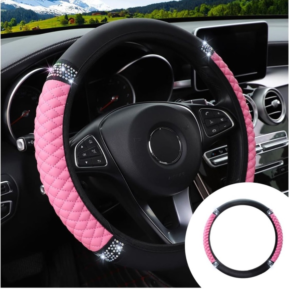 Pink and Black Quilted Steering Wheel Cover with bling,